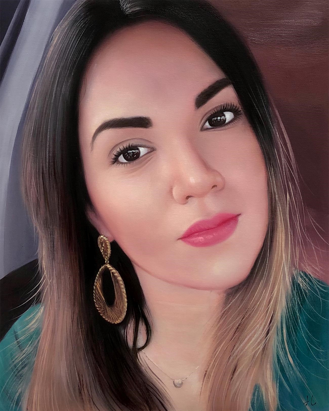 Individual portrait painting of a woman wearing a green shirt.